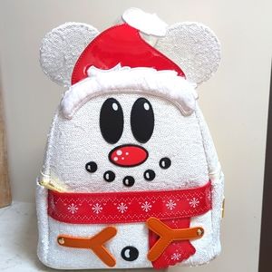 NWT Loungefly Disney Mickey Snowman Holiday Christmas Sequin Mini Backpack